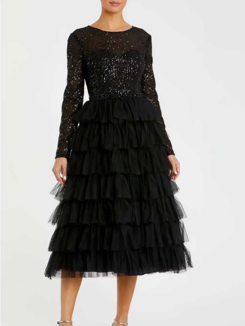 Mac Duggal Black Sequin Bodice Tiered Tulle Midi Dress
